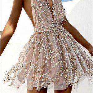 Blush sequin party romper , deep v dress